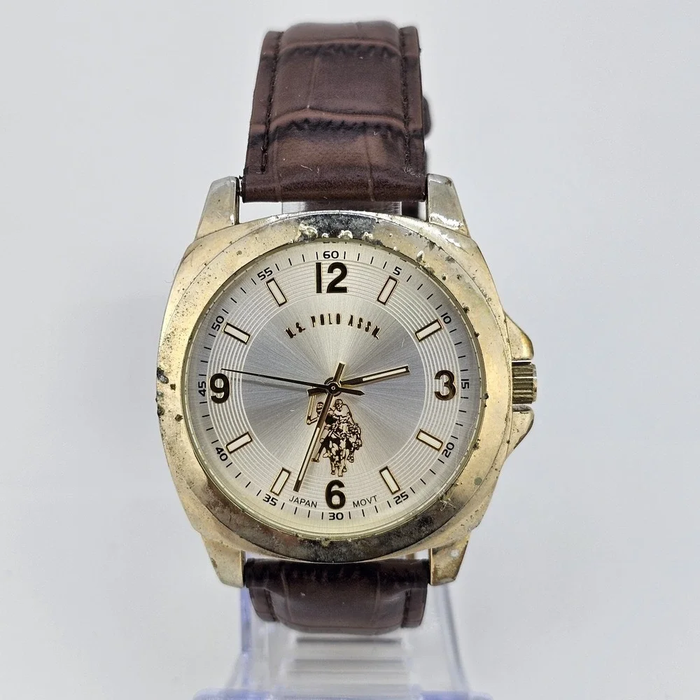 US POLO ASSN Men's Watch‎ 42MM Gold Dial Brown Faux Leather Bands New Battery